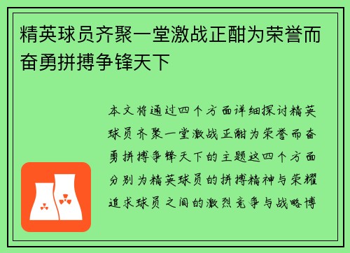 精英球员齐聚一堂激战正酣为荣誉而奋勇拼搏争锋天下