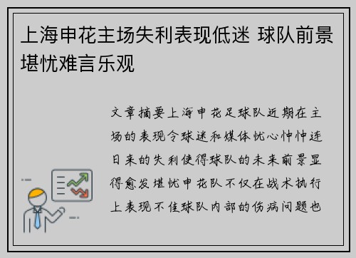 上海申花主场失利表现低迷 球队前景堪忧难言乐观