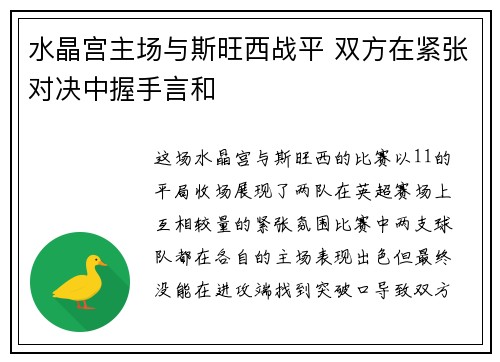 水晶宫主场与斯旺西战平 双方在紧张对决中握手言和
