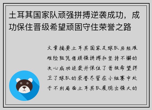 土耳其国家队顽强拼搏逆袭成功，成功保住晋级希望顽固守住荣誉之路