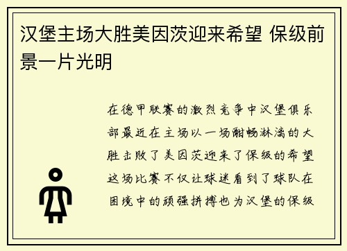 汉堡主场大胜美因茨迎来希望 保级前景一片光明