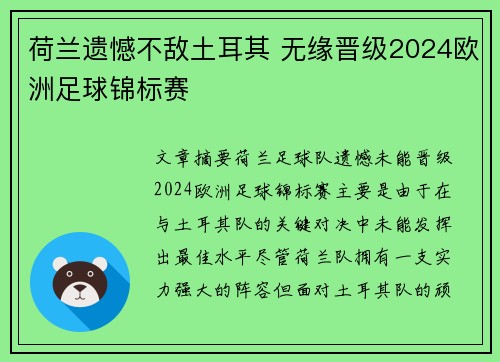荷兰遗憾不敌土耳其 无缘晋级2024欧洲足球锦标赛