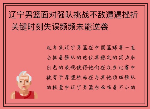 辽宁男篮面对强队挑战不敌遭遇挫折 关键时刻失误频频未能逆袭
