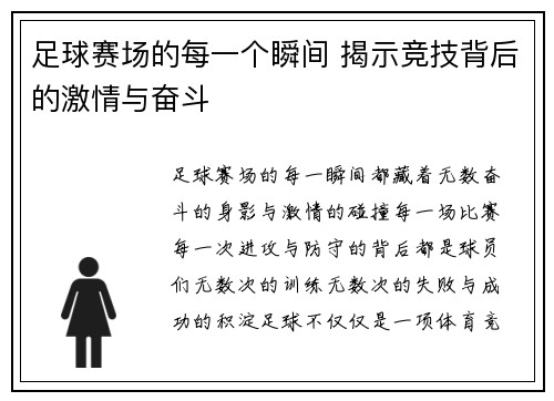 足球赛场的每一个瞬间 揭示竞技背后的激情与奋斗