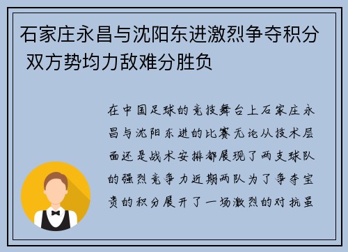 石家庄永昌与沈阳东进激烈争夺积分 双方势均力敌难分胜负